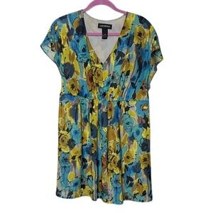 Lane Bryant Women's V Neck Floral Print Blouse Top Yellow Blue Size 14/16